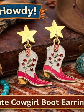 Superstar Cowgirl Boot Earrings Gold Star Post Floral Pink White
